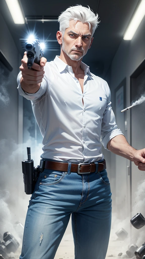 1 man, age 45, white shirt, blue jean, white hair, pointing gun at front, left hand in jean, cool face