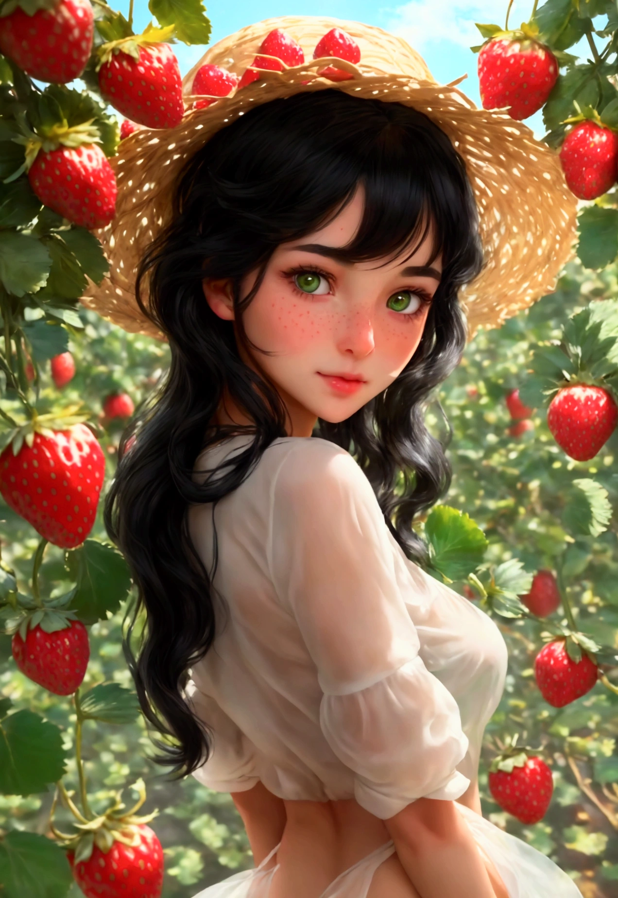 Cute girl has jet black hair and green eyes, Clear, clean skin is shiny with almost no freckles.. She tripped and dropped the delicious-looking strawberry on the floor., He looked embarrassed.. ( Full body shot from the butt up ), In a magnificent and realistic strawberry farm under warm sunlight., Ultra-realistic, high-resolution, best quality,