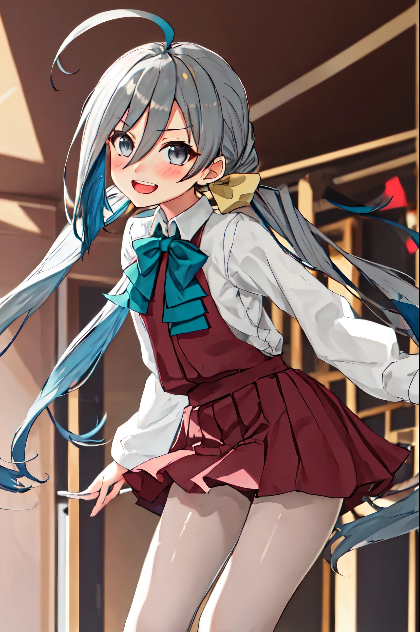 Highest quality, masterpiece, High resolution, 一人in, {kiyoshimo_Fleet Collection:1.15}, length_hair, gray_hair, Ahoge, Twin tails, hair_between_eye, gray_eye, low_Twin tails, smile, bow, very_length_hair, bowtie, blush, Open_mouth, One girl, isress, length_sleeve, Looking_in_Audience, School_uniform, shirt, No sleeve_isress, white_backgrounis, white_shirt, :is, Simple_backgrounis, No sleeve