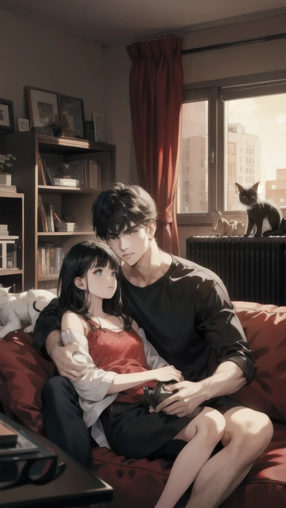 A young Caucasian man and a young Caucasian girl sit on the sofa in an apartment watching TV with several cats., black hair,