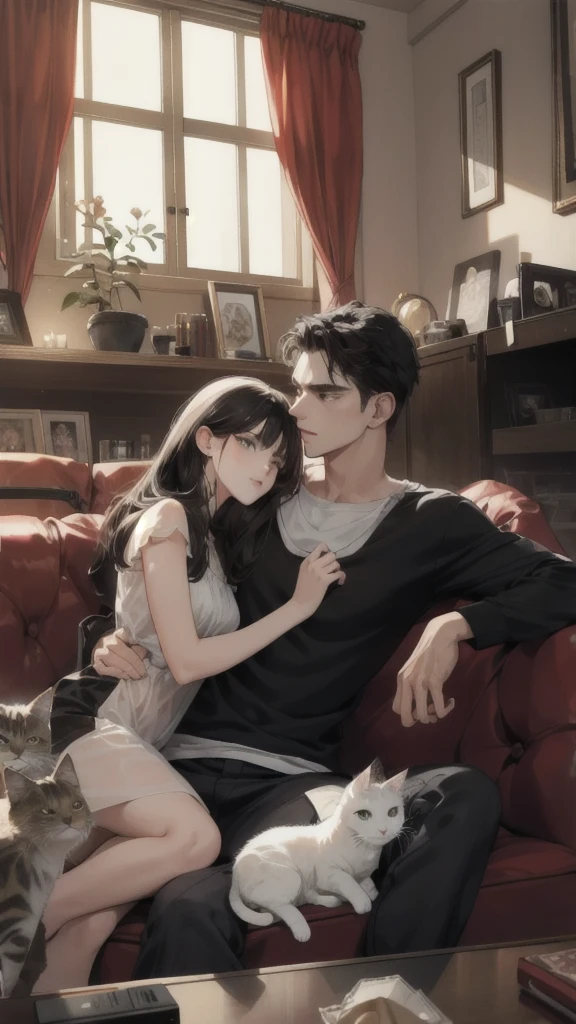 A young Caucasian man and a young Caucasian girl sit on the sofa in an apartment watching TV with several cats., black hair, 