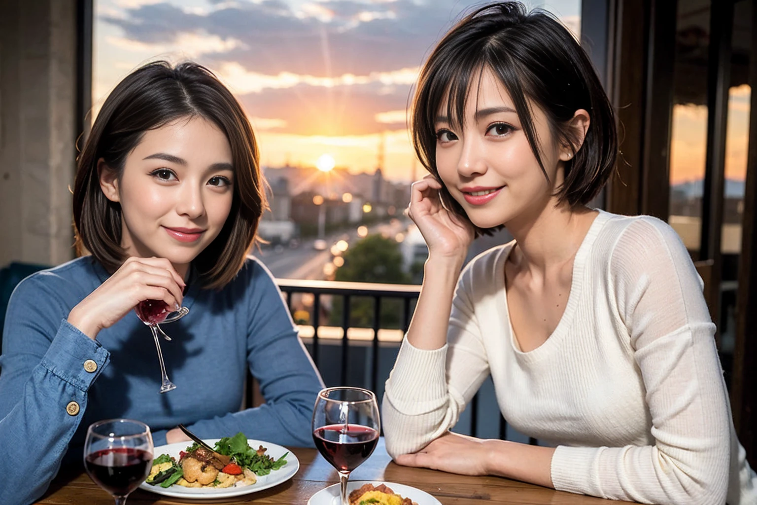（Realistic:1.1）,(masterpiece,Highest quality)，8k,(56 years old), 53 years old, ベリーslimボディ、slimカップル、Tight waist,Upper Body,full-course dinner、wine 、Amazing view of the sunset sky and clouds、Perfect Anatomy, Brown Hair, short hair,Random Hairstyles,((Highly detailed face and eyes:1.2))，Perfect golden ratio face，Long sleeve shirt、dress,(smile:1.2)、Shortcuts、cute、(Realistic, Intricate details:1.2), A bright smile、short hair,Bright Face、赤wine 、Appetizers、Italian food、wine bottle、Champagne、スパークリングwine、(slimな顔), (The body is slim), (Brown Hair), (Shortcuts),  Upper Body, 白wine, slim, wineグラス, 