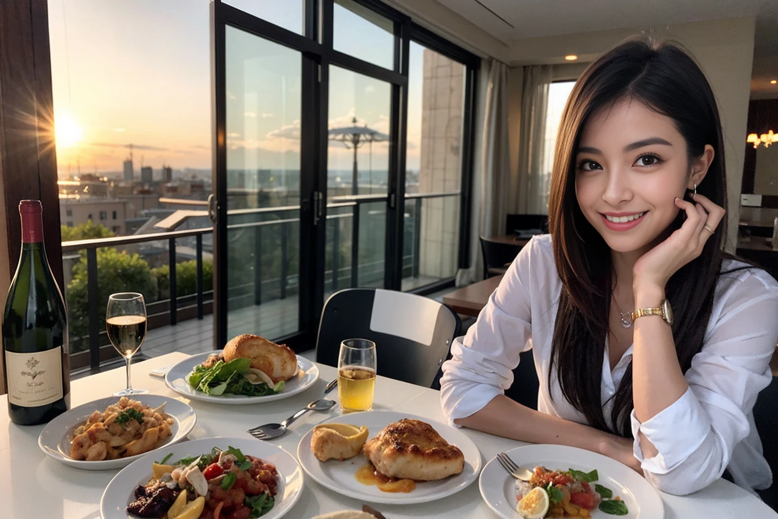 (Realistic:1.1),(masterpiece,Highest quality),8k,(56 years old), 53 years old, ベリーslimボディ、slimカップル、Tight waist,Upper Body,full-course dinner、wine 、Amazing view of the sunset sky and clouds、Perfect Anatomy, Brown Hair, short hair,Random Hairstyles,((Highly detailed face and eyes:1.2)),Perfect golden ratio face,Long sleeve shirt、dress,(smile:1.2)、Shortcuts、cute、(Realistic, Intricate details:1.2), A bright smile、short hair,Bright Face、赤wine 、Appetizers、Italian food、wine bottle、Champagne、スパークリングwine、(slimな顔), (The body is slim), (Brown Hair), (Shortcuts), Upper Body, 白wine, slim, wineグラス,