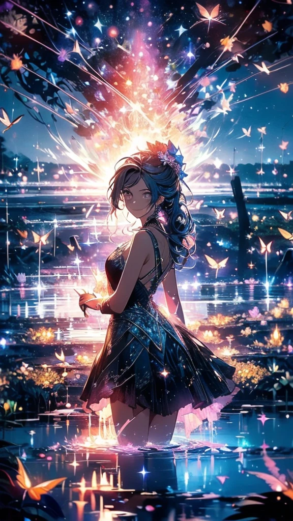 masterpiece, gorgeous, night, flowers, garden, starry sky, constelations, stunning, view, water, warm, cozy, peaceful, meteor, cosmic, magic, magicle, particles, faires, ((fireflies))