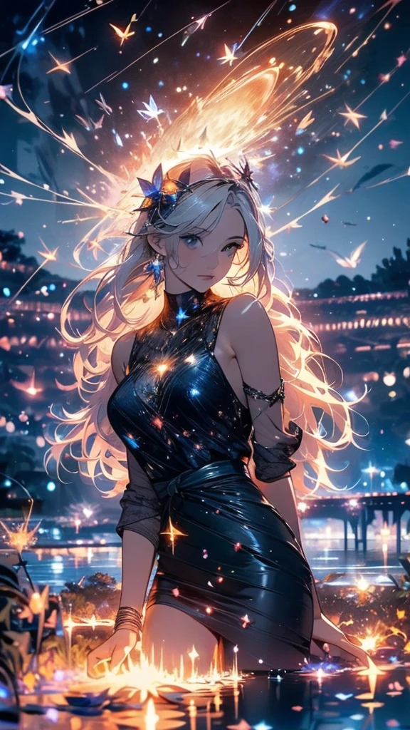 masterpiece, gorgeous, night, flowers, garden, starry sky, constelations, stunning, view, water, warm, cozy, peaceful, meteor, cosmic, magic, magicle, particles, faires, ((fireflies))