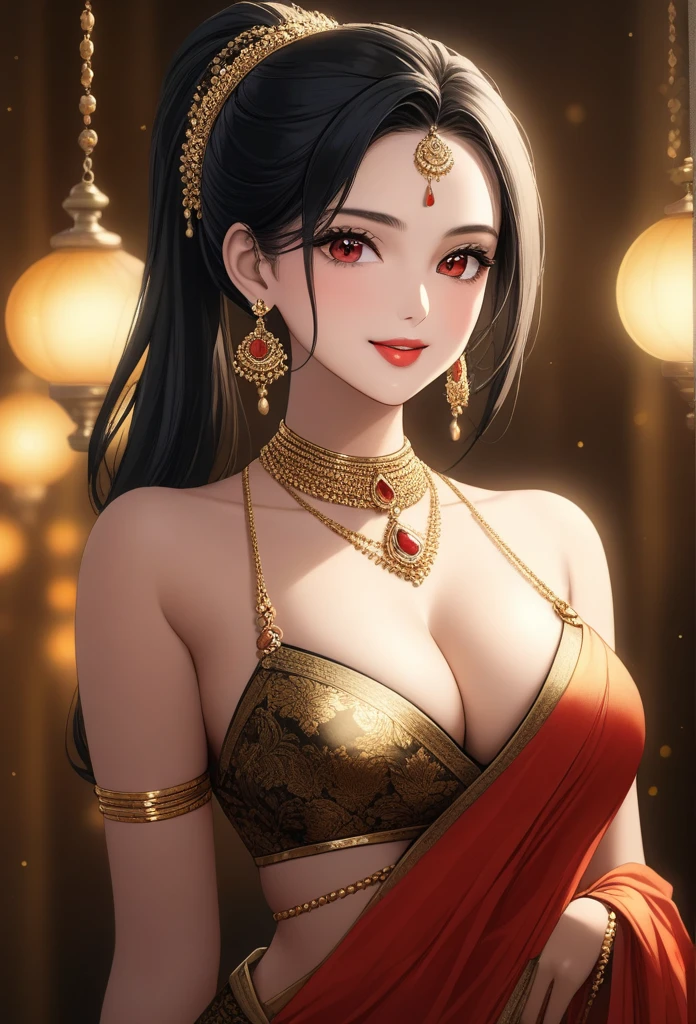 a beautiful young woman , 1girl, hourglass figure, seductive pose, printed design golden saree, silky black hair ponytail, heavy silver jhumka earrings, necklace, anklet, cleavage, detailed face with stunning red eyes, full lips, flawless makeup, dark cinematic lighting, dramatic photorealistic effect, masterpiece-level 8k rendering, ultra-detailed, realistic, photo-realistic, hdr, uhd, studio lighting, ultra-fine painting, sharp focus, physically-based rendering, extreme detail description, professional, vivid colors, bokeh, smiling, full body view, bangles,hair accessories