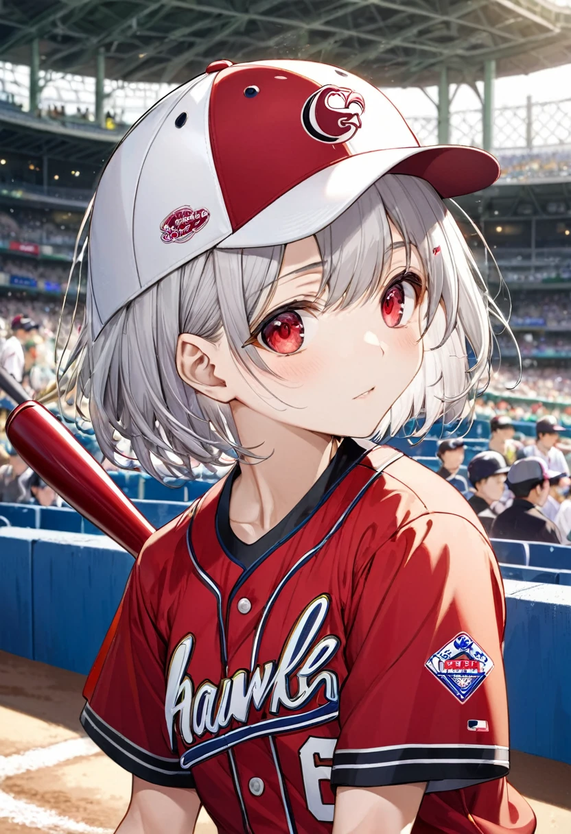 (Professional baseball style) (Hold the bat with both hands and hit a home run), (16 yo, a crew cut silver hair very short hair) (Slender Slugger boy) (detailed cool red eyes, serious face), (in a Fukuoka SoftBank Hawks uniform), break, in the baseball batter's box of Fukuoka Dome Stadium, background Large crowd, BREAK, perfect anatomy, masterpiece, best quality, 16k, beautiful detailed grow, daydreaming expression.