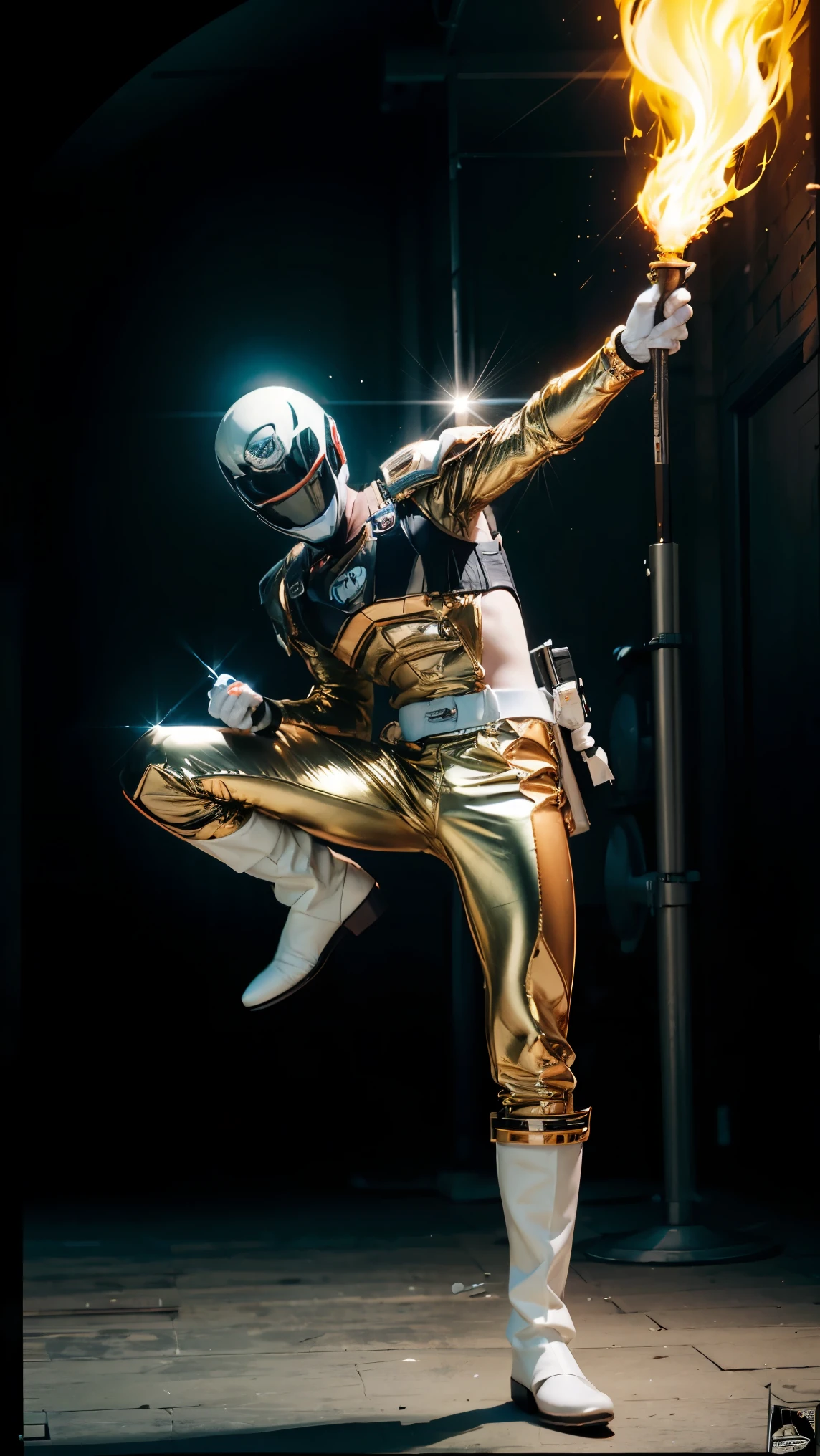 1boy, white, full body, Illustration, cinematic light, high resolution, best quality, ultra detailed, masterpiece, power suit, powerranger, suit, spd, (silver royal guard ranger suit), gold detail, holding white pistol, flowing, light armor,  martial arts, dynamics, flames, particles