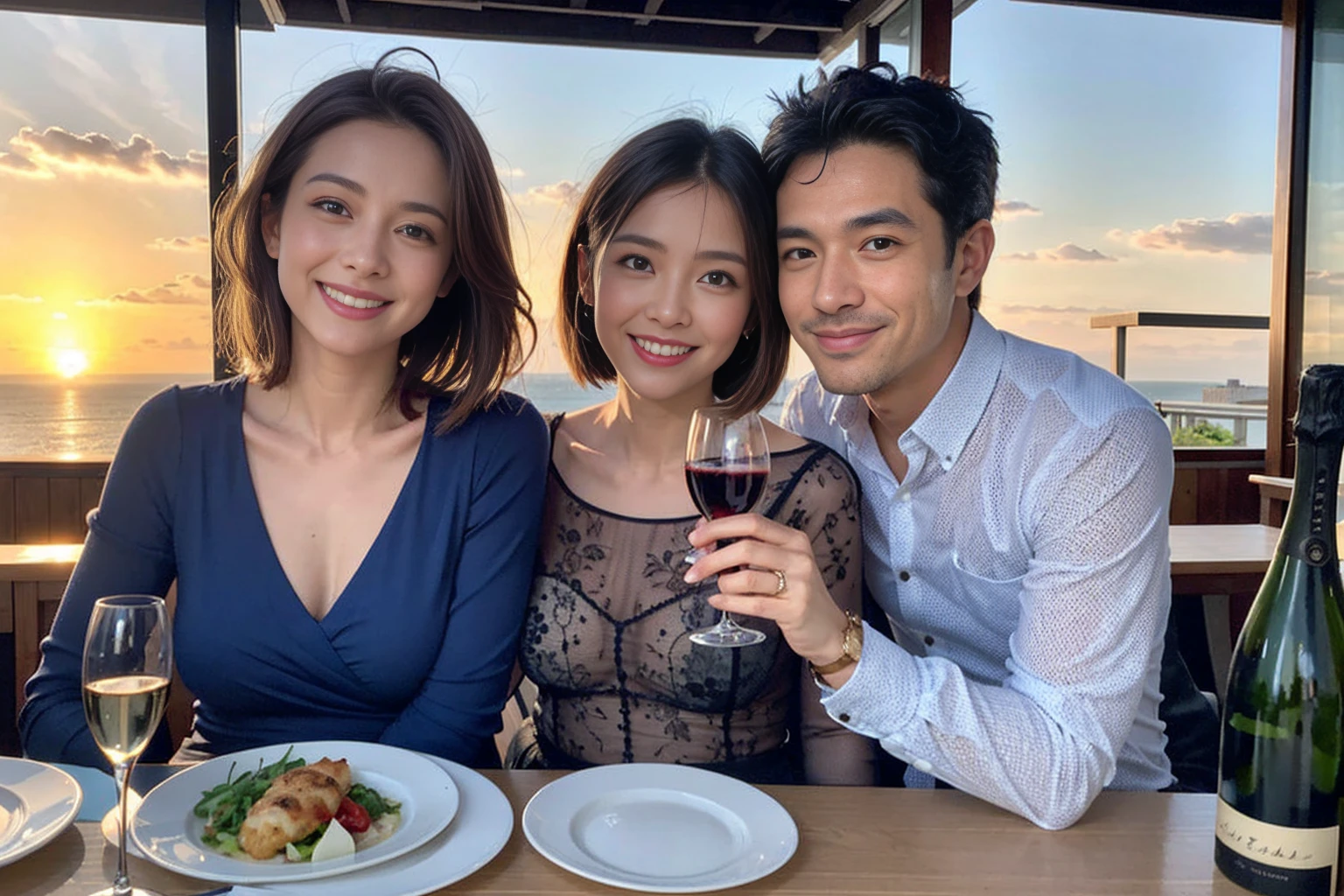 ((Highest quality、8k、masterpiece:1.3))、Slim Couple、Model Couple、(Realistic, Intricate details:1.2), full-course dinner、wine 、Amazing view of the sunset sky and clouds、A bright smile、The wonderfulness of smiles、Bright image、wineの美しさ, Beautiful Face, blue eyes, The light shines on your face, blush, short hair,Bright Face、 (Age 35), 38 years old, 赤wine 、Appetizers、Italian food、wine bottle、Champagne、スパークリングwine、Two beauties、Brown Hair、Shortcuts、Long sleeve shirt、dress、Two beautiful women