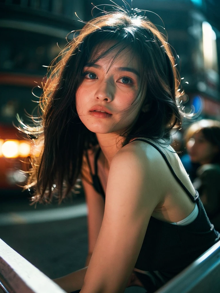 (Full shot:1.4), (best quality:1.4), 1girl, kazakh, cute face, pink lace tanktop with long skirt, surrounded by very close crowded, emotional posing in the crowd lift, wavy hair, bangs, (hair blowing in the wind:1.2), (dramatic moment:1.3), (dynamic object:1.3), crowd (motion blur:1.3), film looks, RAW photo, beauty shadow, neon light, (ambient lighting:1.2), detailed skin, detailed face and eyes, ultra highly detailed, surreal view, sharp focus, shot by zenit analog film, cinematic portrait by annie leibovitz, aesthetic photography in 2024, (candid:1.5)