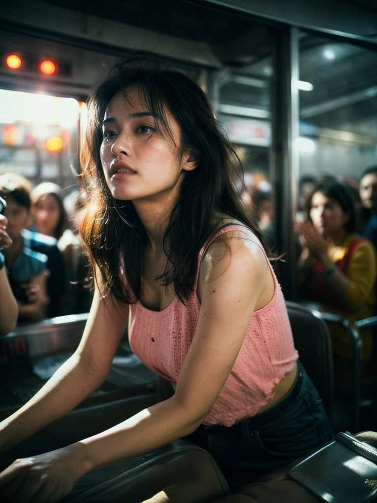 (Full shot:1.4), (best quality:1.4), 1girl, kazakh, cute face, pink lace tanktop with long skirt, surrounded by very close crowded, emotional posing in the crowd lift, wavy hair, bangs, (hair blowing in the wind:1.2), (dramatic moment:1.3), (dynamic object:1.3), crowd (motion blur:1.3), film looks, RAW photo, beauty shadow, neon light, (ambient lighting:1.2), detailed skin, detailed face and eyes, ultra highly detailed, surreal view, sharp focus, shot by zenit analog film, cinematic portrait by annie leibovitz, aesthetic photography in 2024, (candid:1.5)