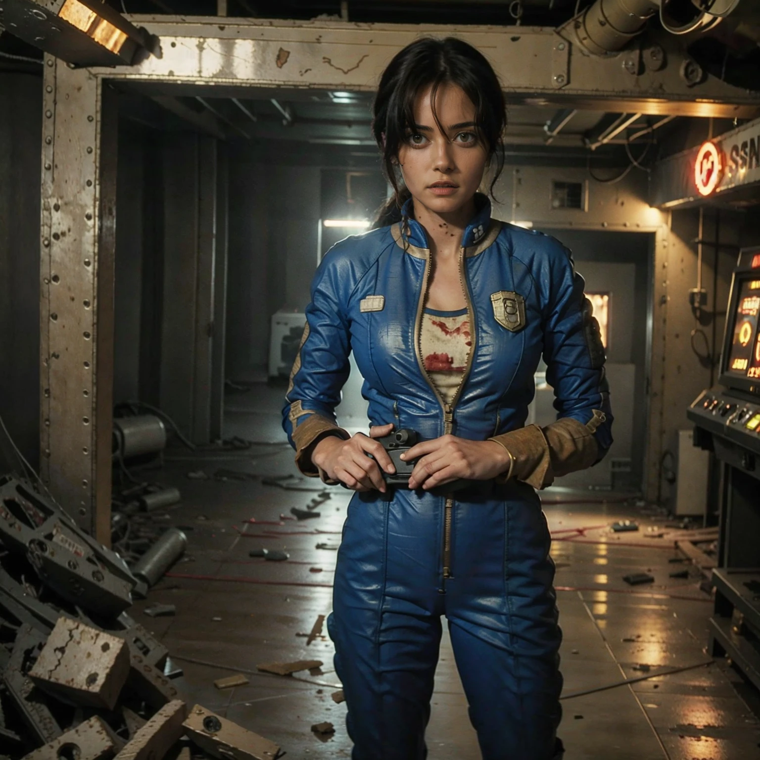 (One person). Fallout TV series. Inside a dimly lit large wreaked smoky room in a post-apocalyptic (casino) in Las Vegas. Vaultsuit Lucy, a 25 year-old vault dweller wearing a blue and gold vaultsuit unzipped top with bloodstains on the t-shirt underneath, her black hair disheveled, with a large ((gun)) in her hand, standing ready to defend herself.  Dark room with smoke and small fires in the rubble. Menacing shadows. Dramatic. Cinematic. realistic colors, realistic, photo-realistic. 