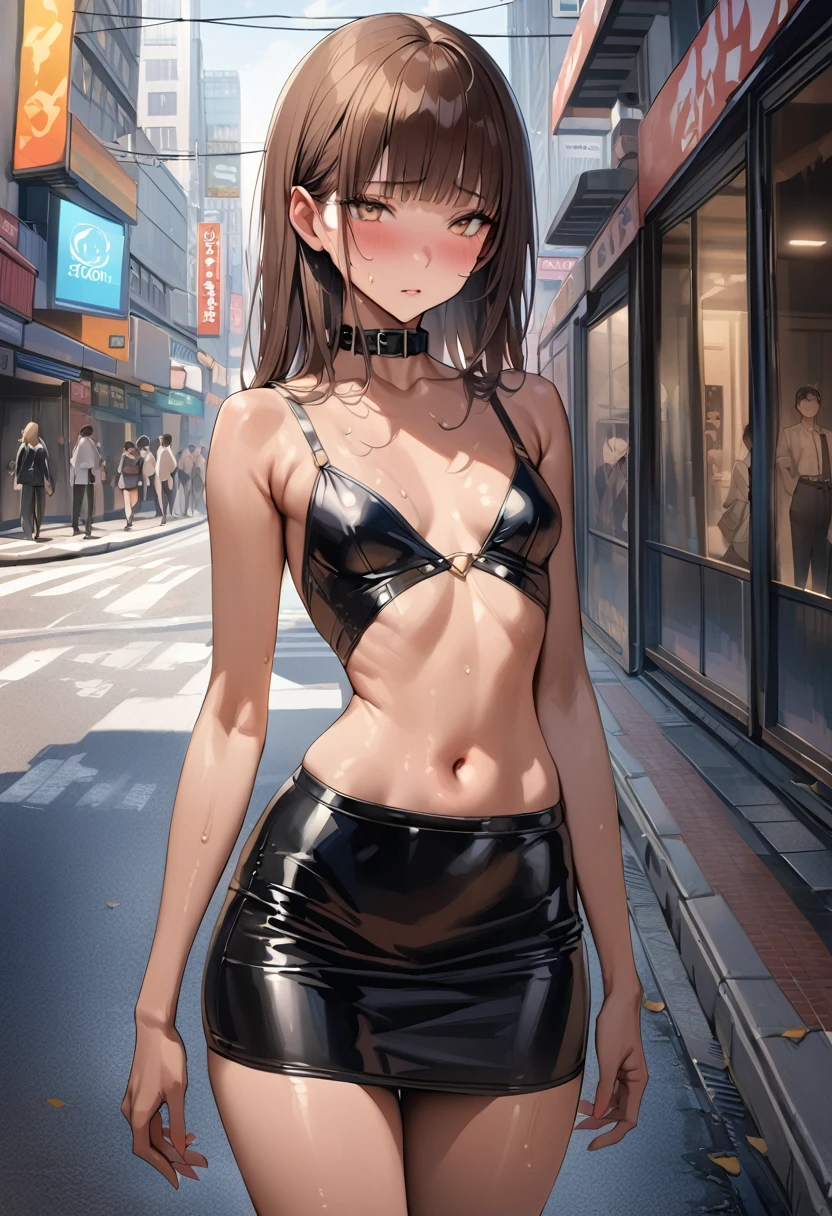 ((masterpiece,best quality anime,Highest quality:1.3)),realistic,cowboy shot,Mature Beauty,独奏,1woman,((very small head:1.3)),ideal ratio body proportions,tan skin,brown hair,bangs,straight long hair,gorgeous eyes,brown eyes,shy,(Wearing a black formal jacket、navel、Black leather collar、Black tight mini skirt),((slender body,skinny,toned body)),small breasts,sweat,gleaming skin,shiny skin,on street,Shinjuku、Modern Tokyo、