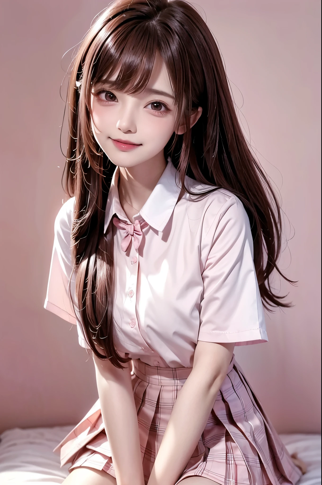 high resolution,smile,woman,woman1人,adult,Clear,cute, Pink brown hair,wavy hair,long hair,
BREAK, Brown eyes,BREAK,
high school girl,uniform,White shirt,Pink checkered pleated skirt,BREAK,
Facing forward,BREAK,Pink background,
