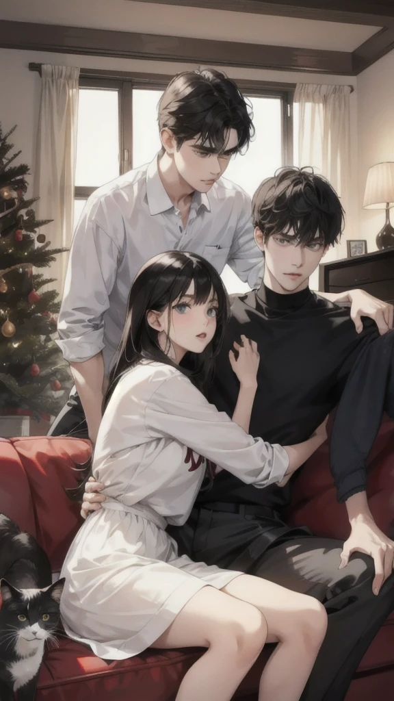 A young Caucasian man and a young Caucasian girl sit on the sofa in an apartment watching TV with several cats., black hair, 