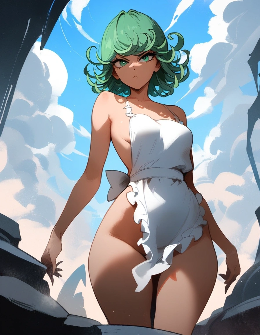 1girl, tatsumaki, one-punch man
\\\\\ masterpiece, best quality, newest ///// nyantcha, khyle, cutesexyrobutts \\\\\ thin waist, solo, sky, clouds, cropped legs, angry, day, looking at viewer, dutch angle, naked apron