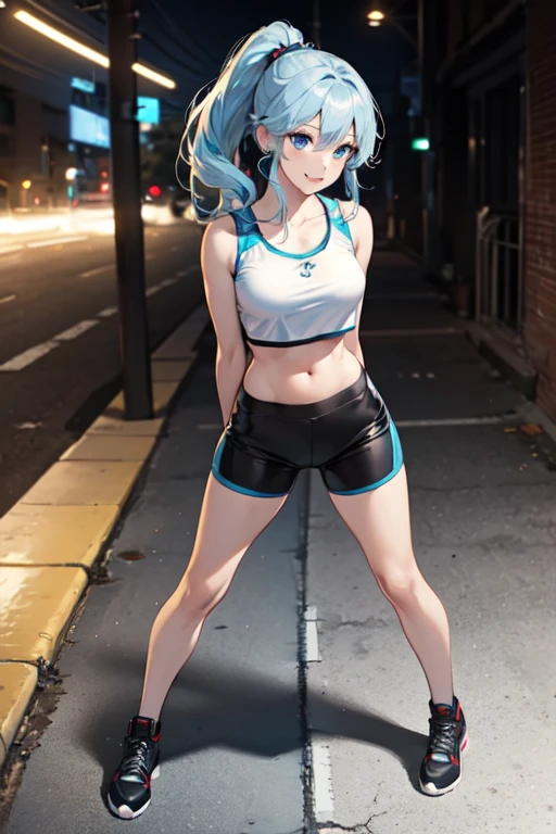 1 girl, solo, full body, female focus, standing, spread legs stance, large breasts, collarbone, hip bones, silver-blue hair, hair tubes, ponytail, hime cut, blue eyes, looking at viewer, frontal view, smiling, [sports wear], crop top, abdomen, sports bra visible, arms behind back, crop top visible, crop top, see-through, biker clothing, (biker shorts), biker shorts under skirt,  [miniskirt], alternate_costume, alternate_age=25 years old: 1.1, style = genshin impact: 1.1, anime, cinematic lighting, pov, Canon, masterpiece, anatomically correct, accurate, super detail, textured skin, high quality, 4K, best quality