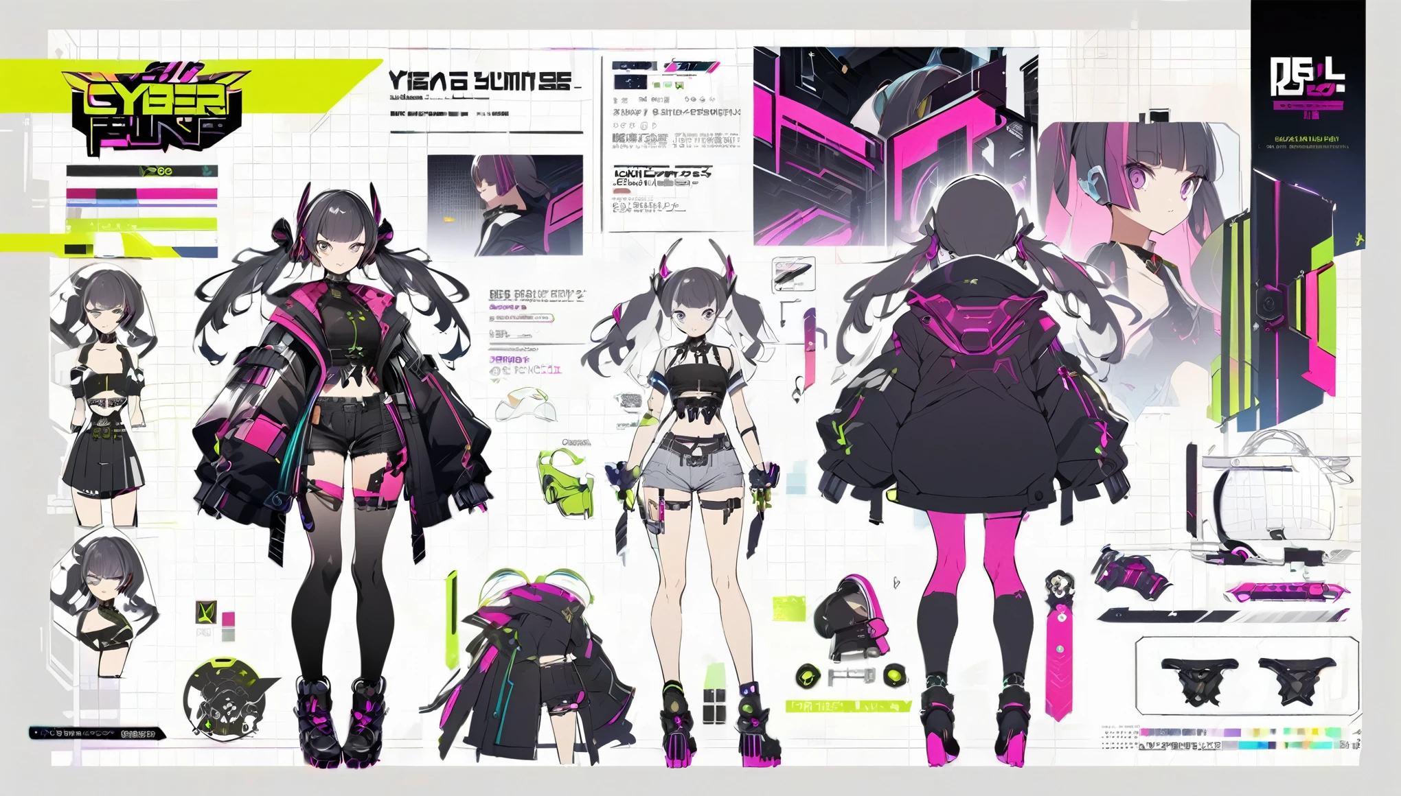 cyber punk、Messi-colored twin tails、blunt bangs、Hair between the eyebrows、Shorts、Virtual Character Design,Concept character sheet, face, Modern design, 1 female,Sexy concept,