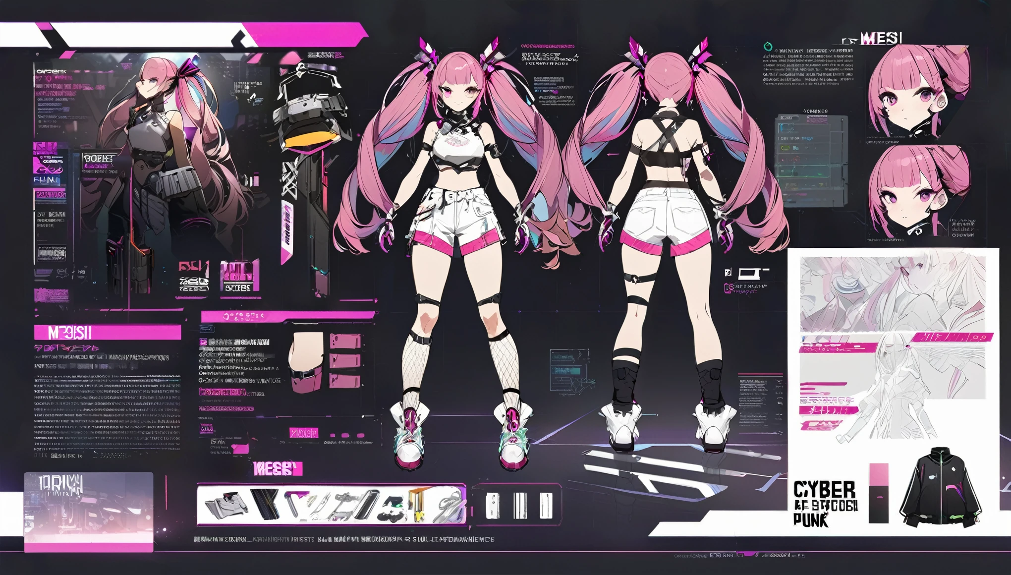 cyber punk、Messi-colored twin tails、blunt bangs、Hair between the eyebrows、Shorts、Virtual Character Design,Concept character sheet, face, Modern design, 1 female,Sexy concept, 