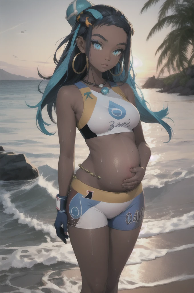 masterpiece, best quality, 1 pregnant girl, nessa, black hair, blue hair,  long hair,  multicolored hair, blue eyes, blue hair,dark skin, single hair bun,  armlet, belly chain, bikini, crop top, shorts, full body, single glove, hand on hip,  hoop earrings, necklace, looking at viewer, midriff,  navel, third trimester of pregnancy,  solo, standing, sky, water, wet, sea 