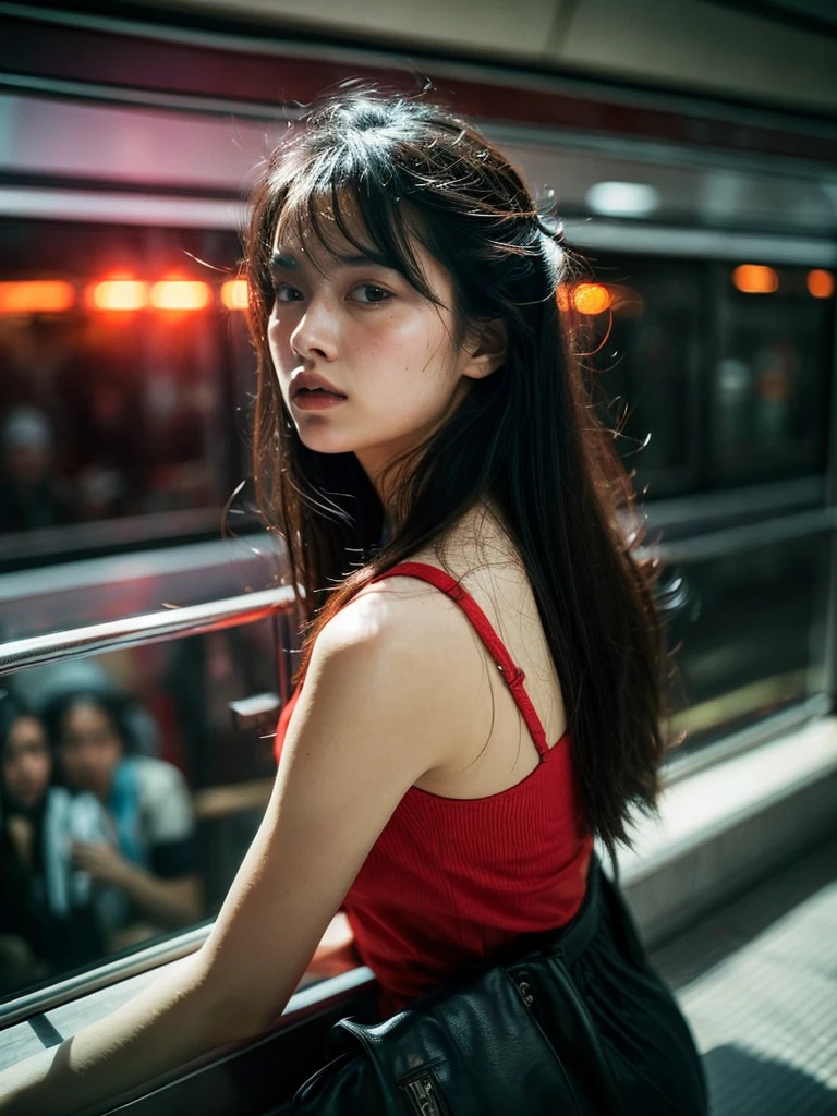 (Full shot:1.4), (best quality:1.4), 1girl, kazakh, cute face, pink lace tanktop with long skirt, surrounded by very close crowded, emotional posing in the crowd escalator, wavy hair, bangs, (hair blowing in the wind:1.2), (dramatic moment:1.3), (dynamic object:1.3), crowd (motion blur:1.3), film looks, RAW photo, beauty shadow, neon light, (ambient lighting:1.2), detailed skin, detailed face and eyes, ultra highly detailed, surreal view, sharp focus, shot by zenit analog film, cinematic portrait by annie leibovitz, aesthetic photography in 2024, (candid:1.5)