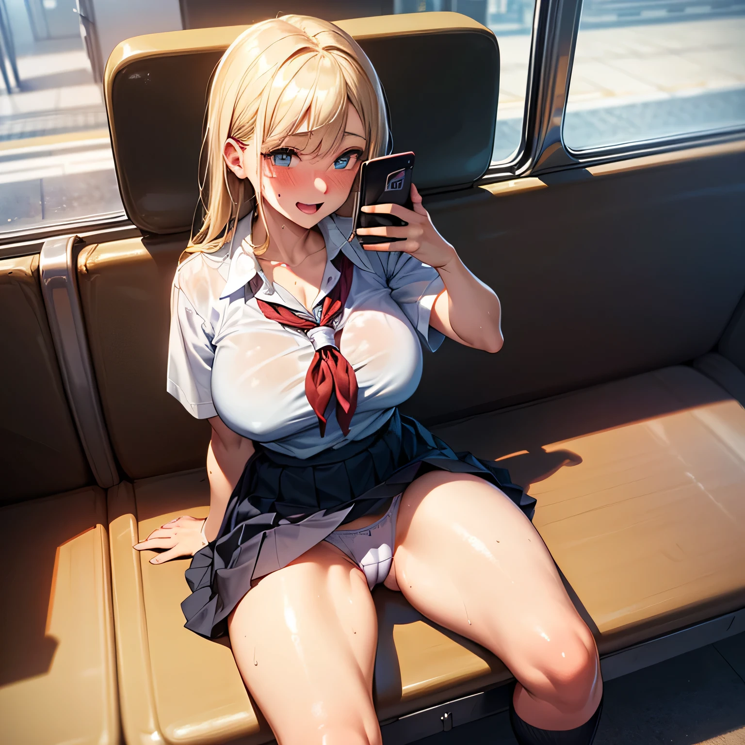 best quality,ultra-detailed,high resolution,extremely detailed CG,perfect anatomy,detailed,cinematic lighting,beautiful detailed eyes,ultra high res,(One woman:1.5),(16 years old:1.4),(milf:1.6),milf,gleaming skin,oil skin,large breasts,skindantation,sweat,humid,clothed,curvy,(sweat:1.2),nsfw,nose blush,cowboy shot,Glowing Skin,Beautiful Hair,(school uniform:1.5),(looking away:1.4) ,(staring at smartphone:1.7),on the train, train interior, (sitting:1.3),(skirt:1.3), show off panties,random panties, (cameltoe:1.3), front view of front seat,(platina blond hair:1.4),Smile,little open mouth