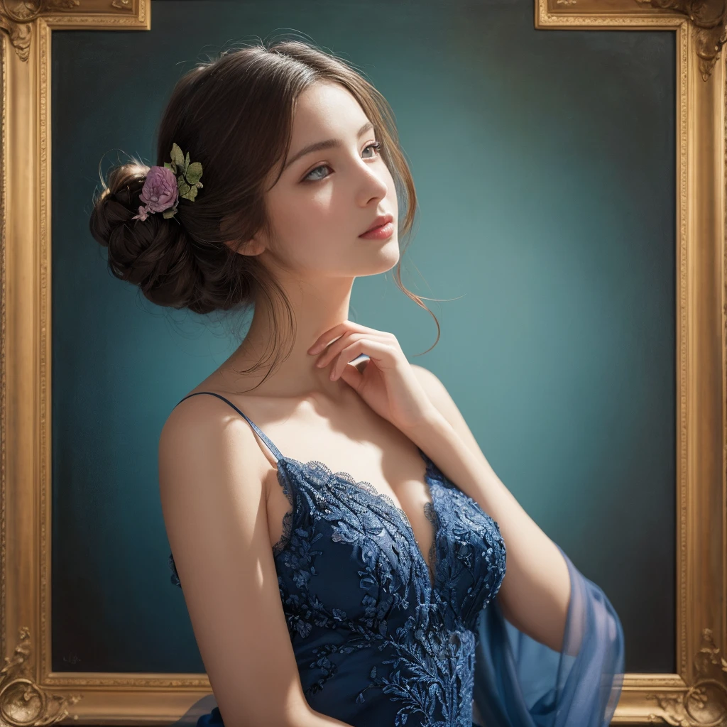 (High resolution,masterpiece:1.2),(Realistic:1.37)"(Highest quality, High resolution, Very detailed, Realistic),Beautiful portrait of a 16-year-old French ballet dancer from the 19th century, (She is half French and half Japanese., She is a beautiful woman with deep blue eyes and a high nose.:1.1), Exquisite ballet costumes, Detailed facial features, Long and graceful neck, Flowing locks of hair, Calm and elegant posture, Soft and delicate lighting, Classical Oil Painting Medium, Vibrant colors, Delicate background with floral motifs", Dreamy atmosphere, Surrealism,Mysterious Aura