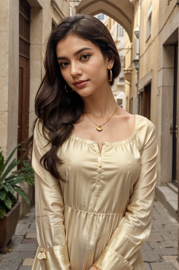 Frame the influencer in a hyper-realistic image as she explores a charming cobblestone alleyway in Dubai city. Utilize shallow depth of field to draw focus to her captivating gaze, while the quaint architecture and soft natural light provide a picturesque backdrop. This high-quality photograph captures the essence of wanderlust and romance, inviting viewers to get lost in its enchanting beauty. **Facial Details:** - **Skin:** Fair complexion with a smooth texture and natural wrinkles around the eyes and mouth, indicating her age and wisdom. - **Eyes:** Almond-shaped, dark brown eyes with a calm, gentle gaze. The eyelashes are natural and moderately long. - **Eyebrows:** Thin and naturally arched, framing the eyes elegantly. - **Nose:** Straight and well-proportioned, fitting harmoniously with her other facial features. - **Mouth:** frosty lips with a subtle shade of pink lipstick, slightly parted in a warm, welcoming smile. - **Hair:** dark brown ponytail hairstyle. **Attire:** - **Top:** A traditional black kurta made from a light, flowing fabric. The kurta features intricate floral embroidery in yellow and white around the neckline and on the sleeves. - **Dupatta:** A yellow dupatta draped over her right shoulder, adding a contrasting yet complementary color to her outfit. - **Jewelry:** - **Earrings:** Small gold earrings with a simple design. - **Necklace:** A delicate gold necklace with a subtle pendant. - **Bangles:** Multiple thin gold bangles on her right wrist. - **Watch:** A classic gold watch on her left wrist. - **Hands:** Her hands are clasped in front of her, showcasing