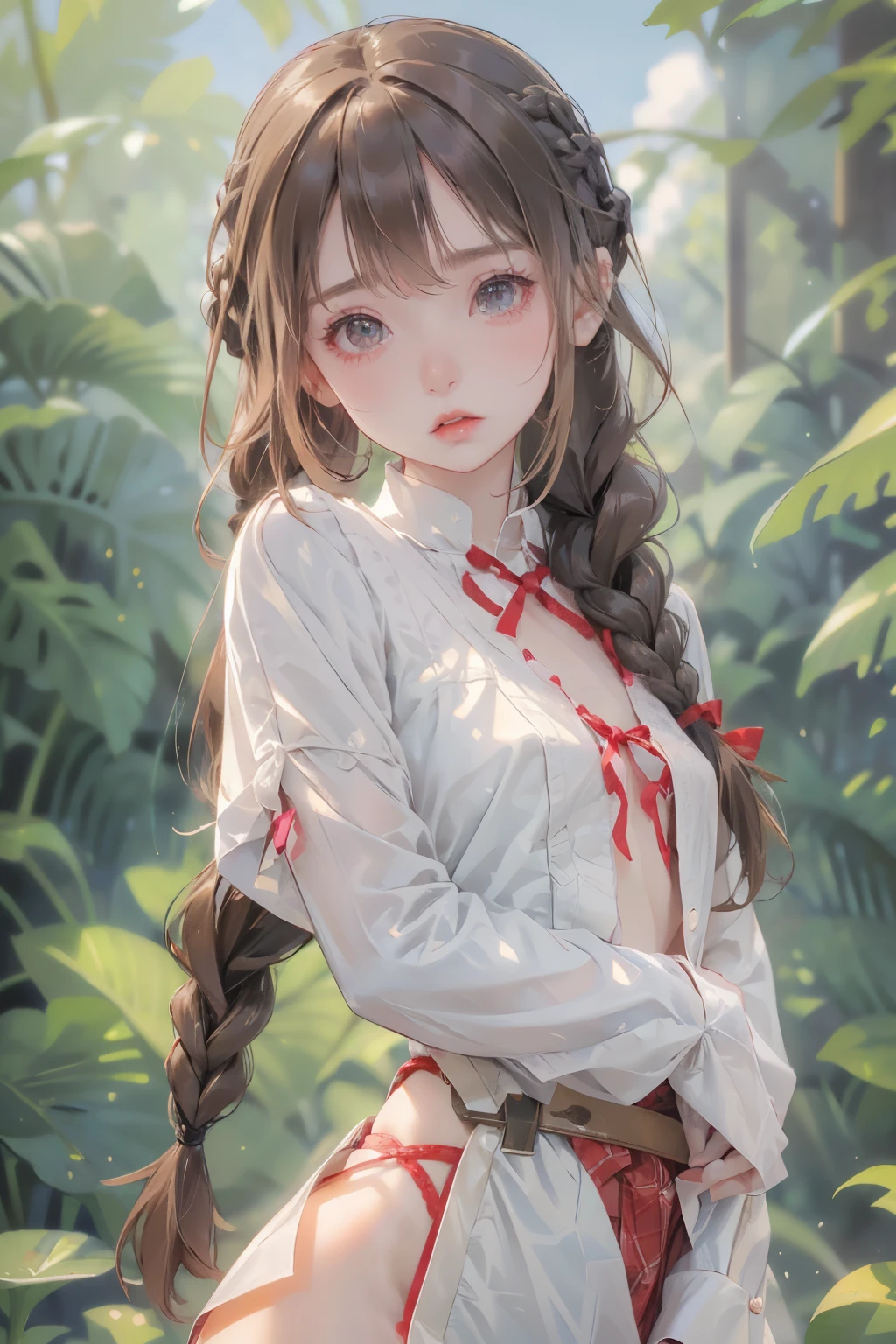 ((best quality)), ((masterpiece)), (detailed), 1girl, (big forhead:1.2),extremely detailed cute anime face, (((flat chest))), (flat chest:1.1),((((long twin braids,tight braids,long braid,braided hair,long hair)))),intricate eyes,beautiful detailed eyes,symmetrical eyes,(((detailed face))),beautiful detailed lips, looking at this, (((embarrassed))),(horrified expression),(panic),(crying),highres,(best quality),(ultra detailed,extremely detailed),perfect face details, ((masterpiece:1.4, best quality))+, (ultra detailed)+, long twintails, cute girl, (flat chest:1.1), small breasts, slim body, skinny, ((narrow hips)), prominent collarbones, skinny arms, flat stomach, visible hip bones, long hair, red hair, white hair, blonde hair, dark hair, ponytail, thick ponytail, heavy ponytail, small breasts, perfect face, small breasts (flat chest:1.1), NSFW, long revealing gown,Detailed body,Full limbs, ((front facing)), NSFW, (flat chest:1.1), wild environment, jungle, nature