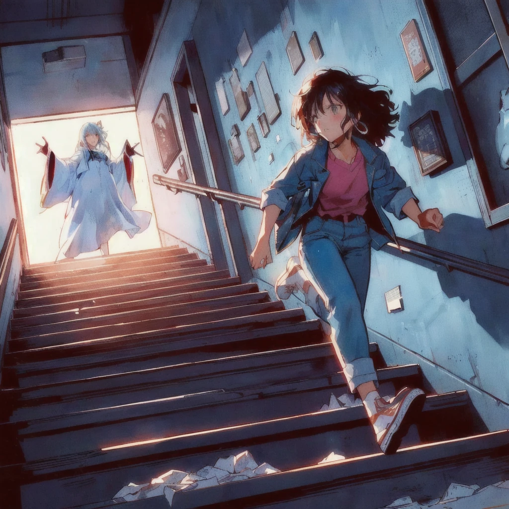 背景に幽霊がいる状態でGo down the stairs女性の画像, Ghostly!, Go down the stairs, Scaring, Justin Gerard, Graphic novel cover art, Published art, Graphic novel cover art, Scary ghosts, Keyframe illustration, I was surprised, Greg Staples, Adam Puckett, 80s anime style,Promotional Art, Chris Cold