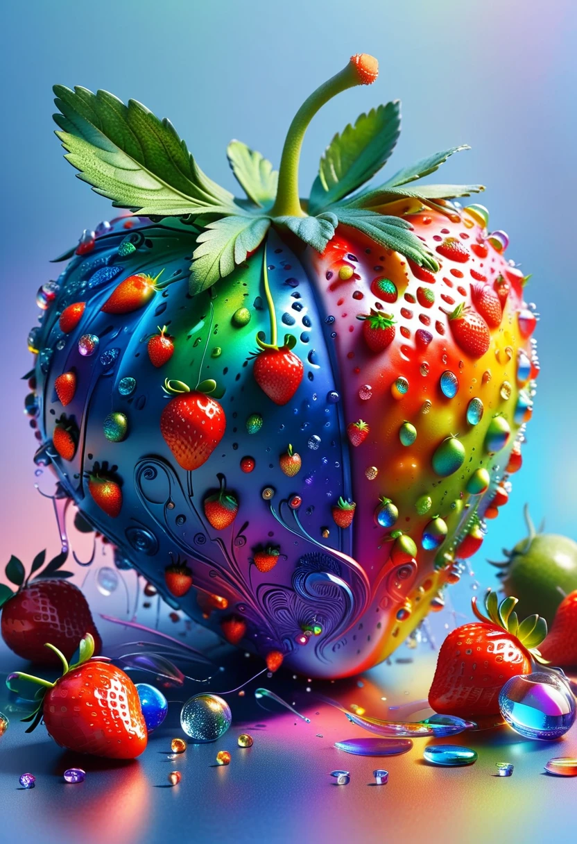 A rainbow strawberry. Visualize a ripe, juicy strawberry that showcases all the colors of the rainbow from red, orange, yellow, green, blue, indigo to violet. Each segment of color should blend seamlessly into the next, creating an enchanting sight that is both surreal and delightful. The details of the strawberry, such as its seeds and leafy crown, should be realistic and sharp against the vibrant, gradient hues. Imagine the fruit sitting against a minimalistic background that allows the colors to truly pop.