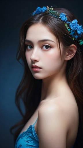 (High resolution,masterpiece:1.2),(Realistic:1.37)"(Highest quality, High resolution, Very detailed, Realistic),Beautiful portrait of a 16-year-old French ballet dancer from the 19th century, (She is half French and half Japanese., She is a beautiful woman with deep blue eyes and a high nose.:1.1), Exquisite ballet costumes, Detailed facial features, Long and graceful neck, Flowing locks of hair, Calm and elegant posture, Soft and delicate lighting, Classical Oil Painting Medium, Vibrant colors, Delicate background with floral motifs", Dreamy atmosphere, Surrealism,Mysterious Aura