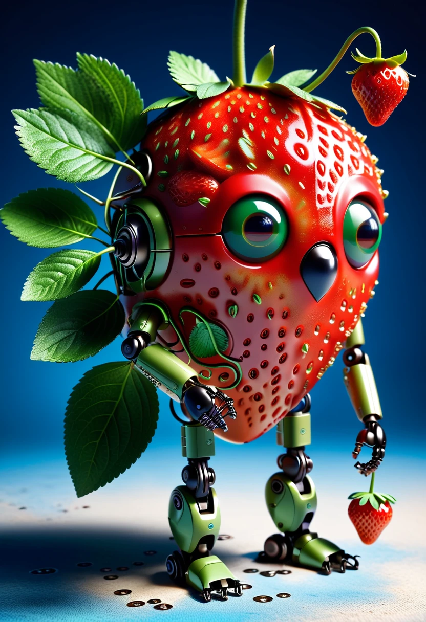 Visualize a tiny robot exhibiting the characteristics of a strawberry. It features shades of rich, intense red and is equipped with minuscule seed-like sensors. The robot's body is shaped to mimic a plump, succulent strawberry, having a round and gently heart-shaped structure. The limbs of the robot are rounded at the ends and flexible, intending to look like the green foliage and stem that accompany a strawberry. It possesses 'eyes' that glow with a gentle, warm light that mirrors the colours of a setting sun radiating off a fresh strawberry. Its function is aligned with the purpose of triggering happiness, akin to the delightful flavor of the fruit it represents. This image should not contain any forms of text.