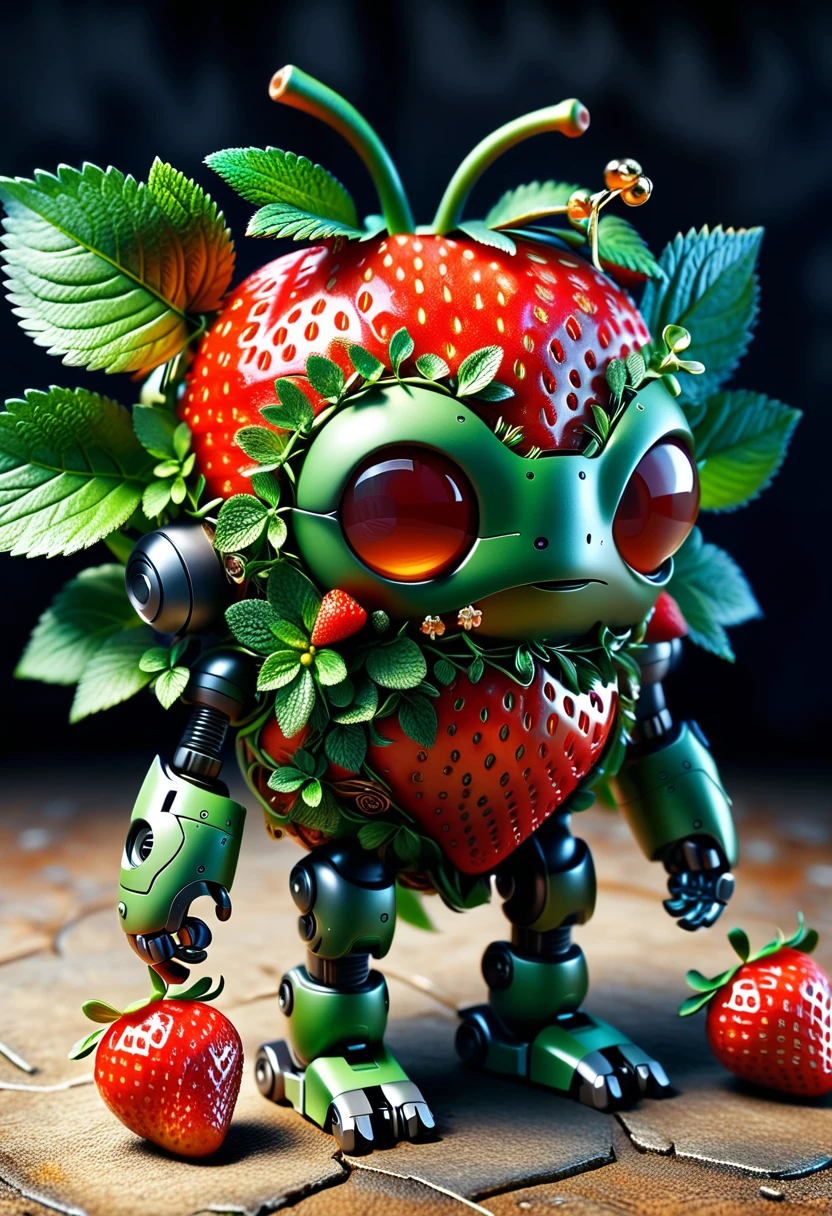 Visualize a tiny robot exhibiting the characteristics of a strawberry. It features shades of rich, intense red and is equipped with minuscule seed-like sensors. The robot's body is shaped to mimic a plump, succulent strawberry, having a round and gently heart-shaped structure. The limbs of the robot are rounded at the ends and flexible, intending to look like the green foliage and stem that accompany a strawberry. It possesses 'eyes' that glow with a gentle, warm light that mirrors the colours of a setting sun radiating off a fresh strawberry. Its function is aligned with the purpose of triggering happiness, akin to the delightful flavor of the fruit it represents. This image should not contain any forms of text.