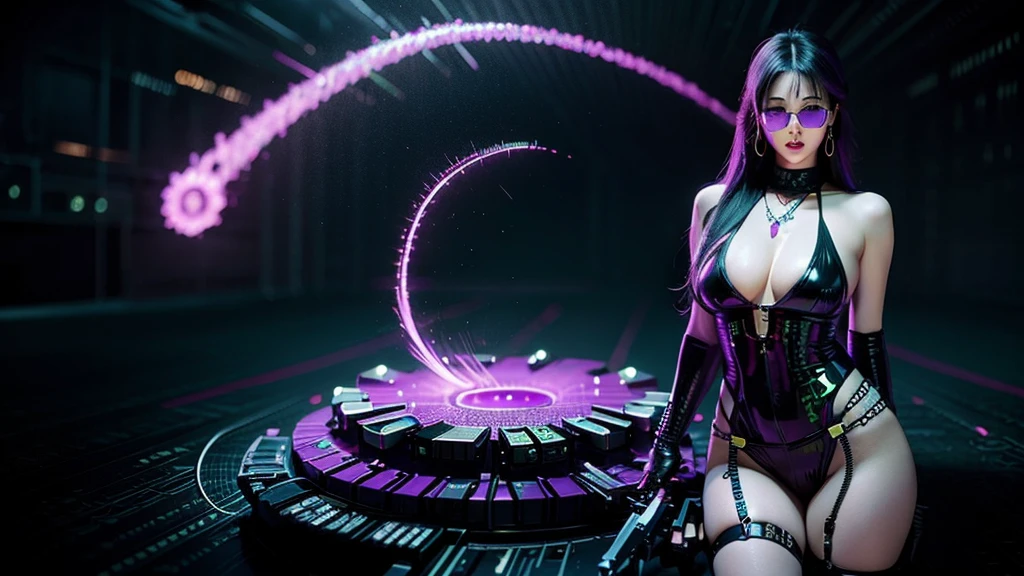 matrix coding, Purple animated cyberpunk background. sexy woman with gun and sunglasses