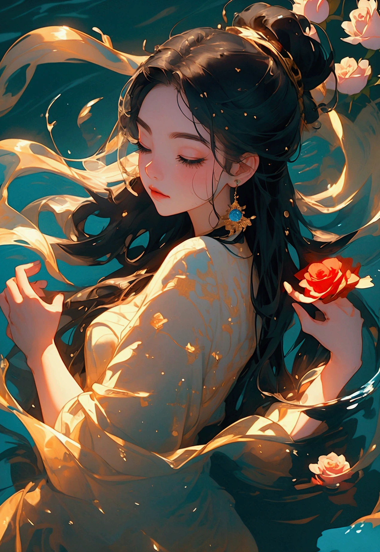 Bird&#39;s-eye view，Woman lying underwater，Black hair，Eyes slightly closed，Long eyelashes，Black earrings，Red roses in hand，Golden flowing water ripples，Splashing water and fragmented golden light，Light Effects，Black long hair floating in the water，Long eyelashes look extra soft，The beauty of heartbreak，The golden light in the water creates a romantic and mysterious atmosphere，Background with blue water，illustration，Hand-drawn style，High Definition