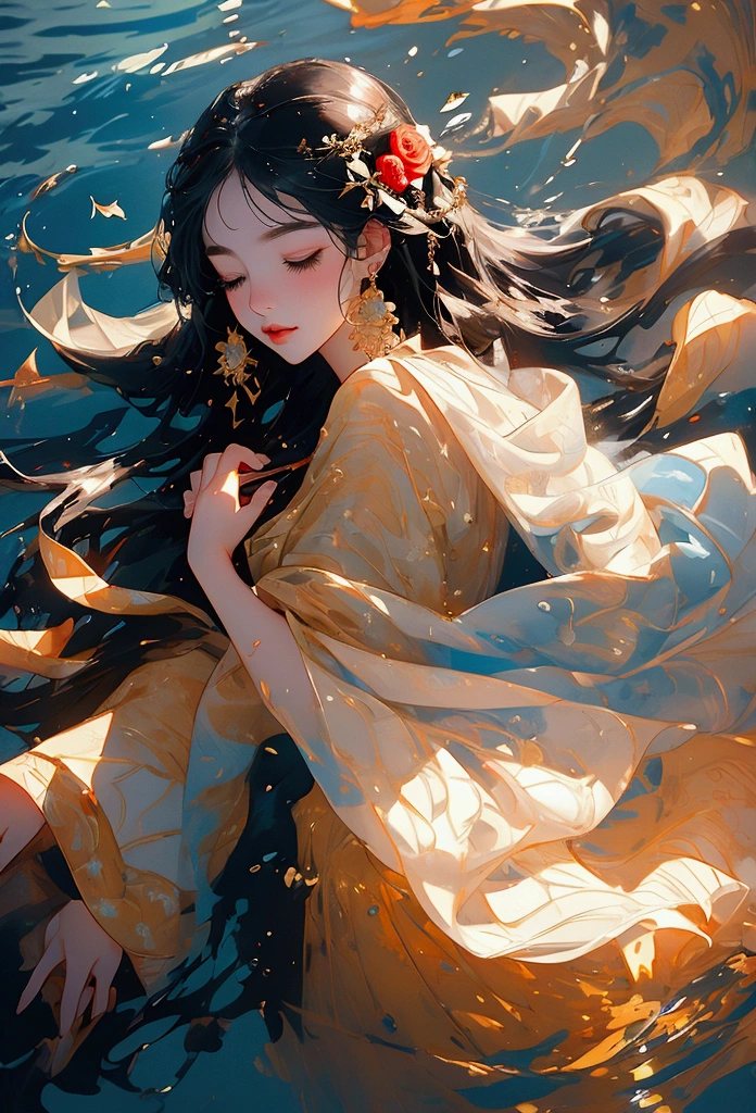 Bird's-eye view,Woman lying underwater,Black hair,Eyes slightly closed,Long eyelashes,Black earrings,Red roses in hand,Golden flowing water ripples,Splashing water and fragmented golden light,Light Effects,Black long hair floating in the water,Long eyelashes look extra soft,The beauty of heartbreak,The golden light in the water creates a romantic and mysterious atmosphere,Background with blue water,illustration,Hand-drawn style,High Definition