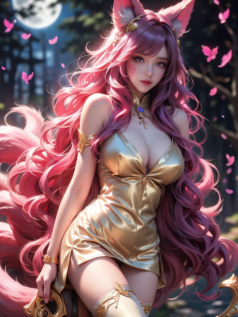 Super beautiful glowing eyes、Face lighting,Bright backlight,medium breasts,超A high resolution,Best Quality,Photos,4K,(Realistic:1.2),
1 girl,Cute,Cosplay,ahri (League of Legends),Looking at Viewer,(Moderate breasts:1.1),Nine Tails,long ears,Green eyes,(Long wavy hair:1.2),White and gold headdress,Purple and gold cheongsam,(Thigh height stockings:1.3),Purple High Heels,Blue and gold bracelet,In the moonlit forest,