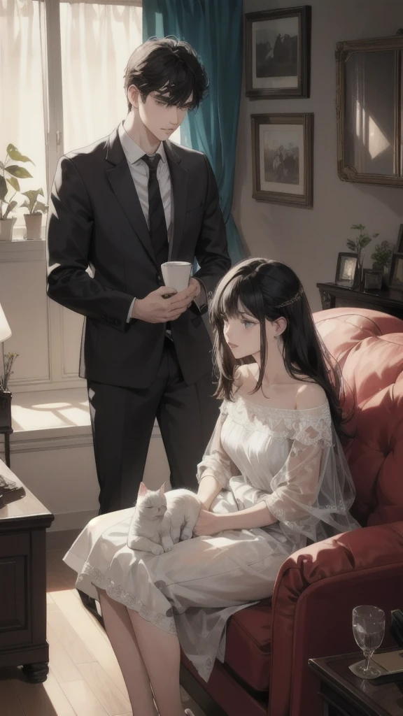 A young Caucasian man and a young Caucasian girl sit on the sofa in an apartment watching TV with several cats., black hair, high resolution, best quality, Anatomically correct, details, detailsสูง, detailsมาก, high resolutionสุด,
