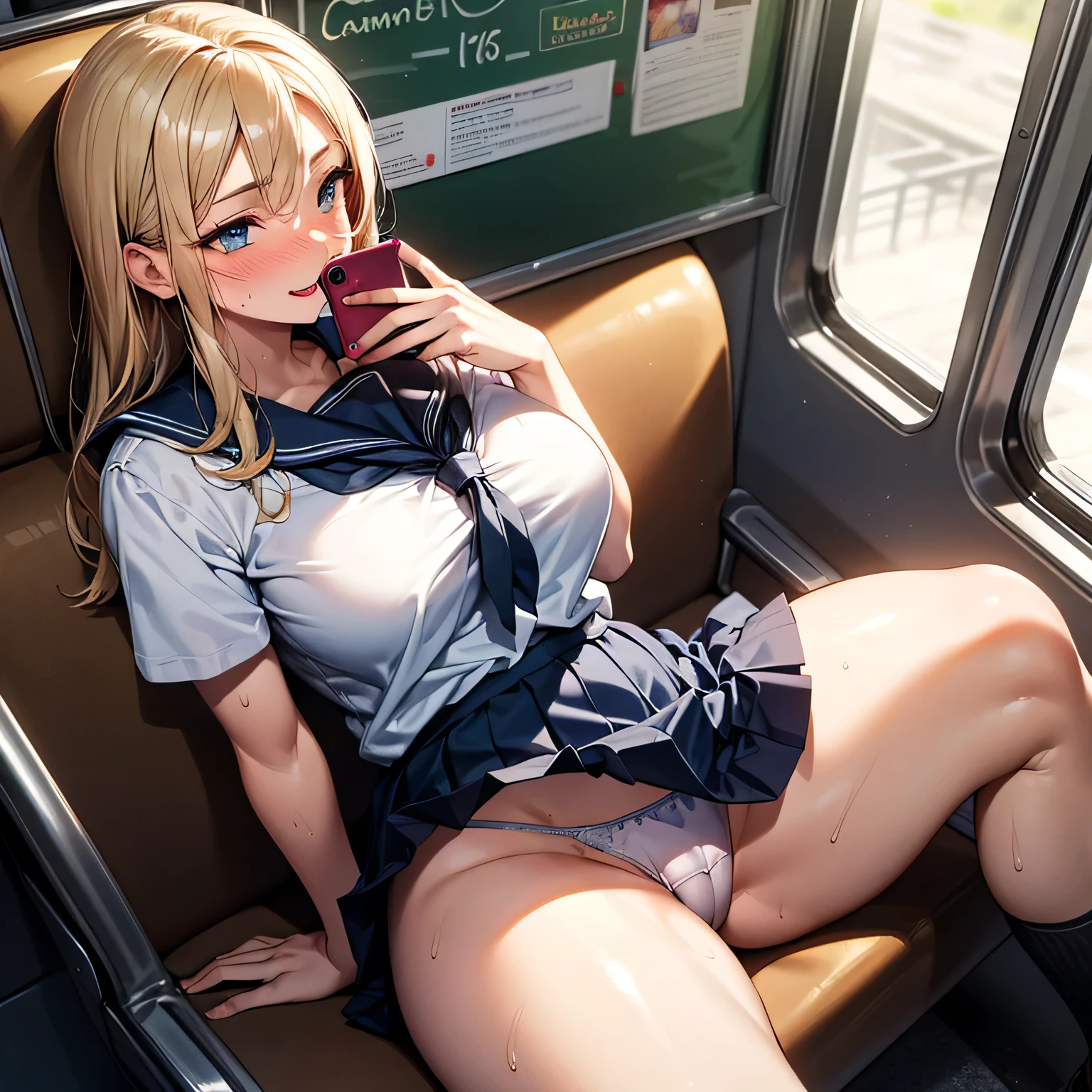 best quality,ultra-detailed,high resolution,extremely detailed CG,perfect anatomy,detailed,cinematic lighting,beautiful detailed eyes,ultra high res,(One woman:1.5),(:1.4),(milf:1.6),mileaming skil skin,large breasts,skindantatio,humid,clothed,curvy,(sweat:1.2),nsfw,nose blush,cowboy shot,Glowing Skin,Beautiful Hair,(school uniform:1.5),(looking away:1.4) ,(staring at smartphone:1.7),on the train, train interior, (sitting:1.3),(skirt:1.3), show off panties,random panties, (ca1.3), front vieont seat,(platina blond hair:1.4),Bitter smile,little open mouth