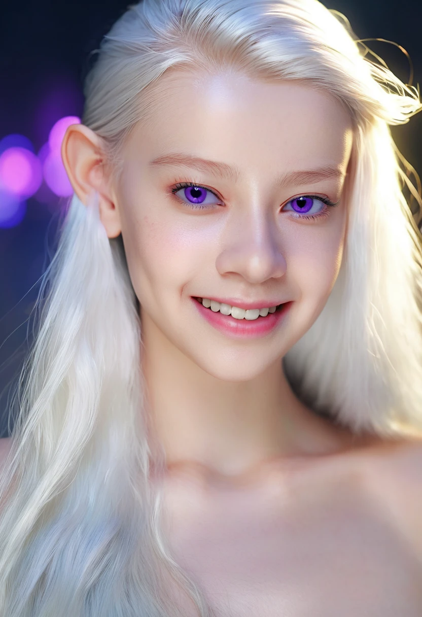 Masterpiece, analog style, model shoot style, (), photo of a 18 years old elf girl, 1girl, albino girl, very long white hair, purple eyes, shiny body, smile, long legs, nude, (), octane render, UHD, ultra high quality, hyperrealistic, photorealistic, CG unity, 16k wallpaper, Madly detailed, hyper-realistic lifelike texture, unreal engine 5, ecstasy of light and shadow, deep shadow, sony a7, 50 mm, film grain, UHD, HDR, beautiful night sky in the background, face shot
