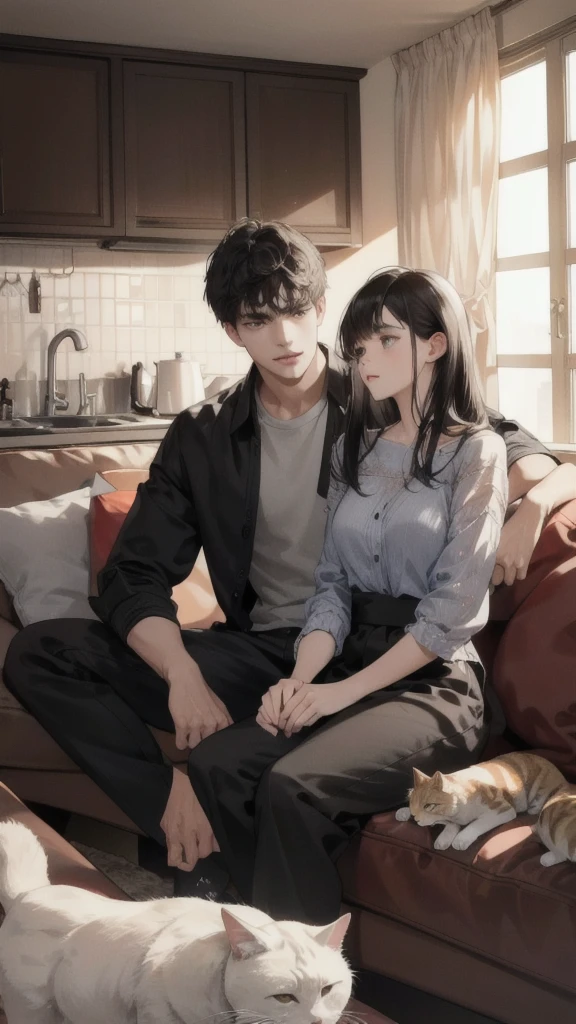 A young Caucasian man and a young Caucasian girl sit on the sofa in an apartment watching TV with several cats., black hair, high resolution, best quality, Anatomically correct, details, detailsสูง, detailsมาก, high resolutionสุด, 