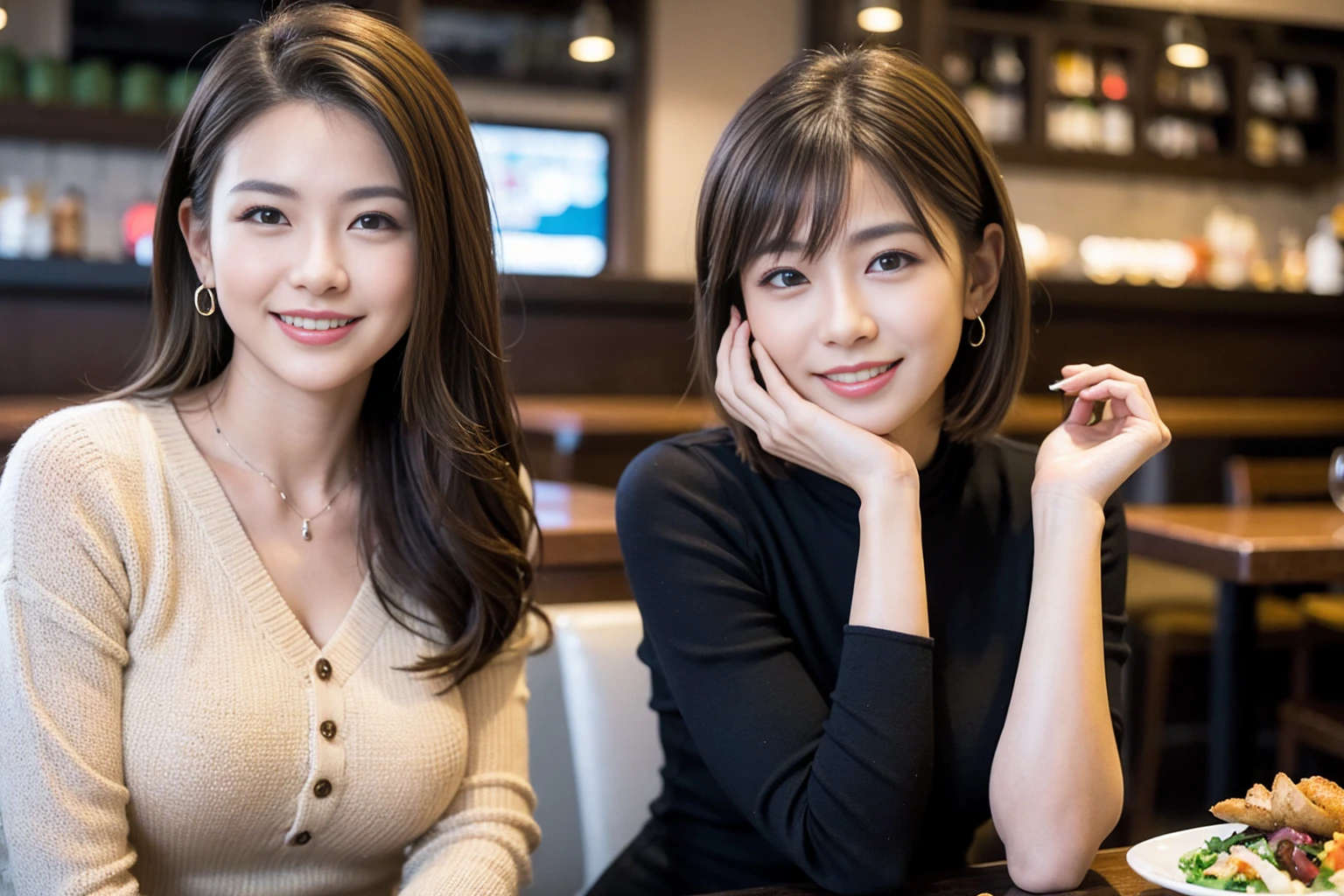 ((Highest quality、8k、masterpiece:1.3))、slimカップル、modelカップル、(Realistic, Intricate details:1.2), full-course dinner、wine 、Amazing view of the sunset sky and clouds、A bright smile、The wonderfulness of smile、Bright image、wineの美しさ, Beautiful Face, blue eyes, The light shines on your face, blush, short hair,Bright Face、 (Age 45), 48 years old, 赤wine 、Appetizers、Italian food、wine bottle、Champagne、スパークリングwine、Two beauties、Brown Hair、Shortcuts、Long sleeve shirt、dress、Beautiful woman 1, (slimな顔), (The body is slim), (Brown Hair), (Shortcuts), cheeks turn a little red,Attractive beauty、restaurant, In a prominent place (From the waist up) Nova Frog Style, actress, model, Upper Body, 白wine, slim, wineグラス, 中央に置かれたwineグラス, smile, (smile: 1.15), Beautiful fine grain, Depth f/2,saturation, High Contrast, Strong light and shadow,Moist Body:1.5、3D texture、Delicate eyes、Brown Hair、The hair is very shiny、
