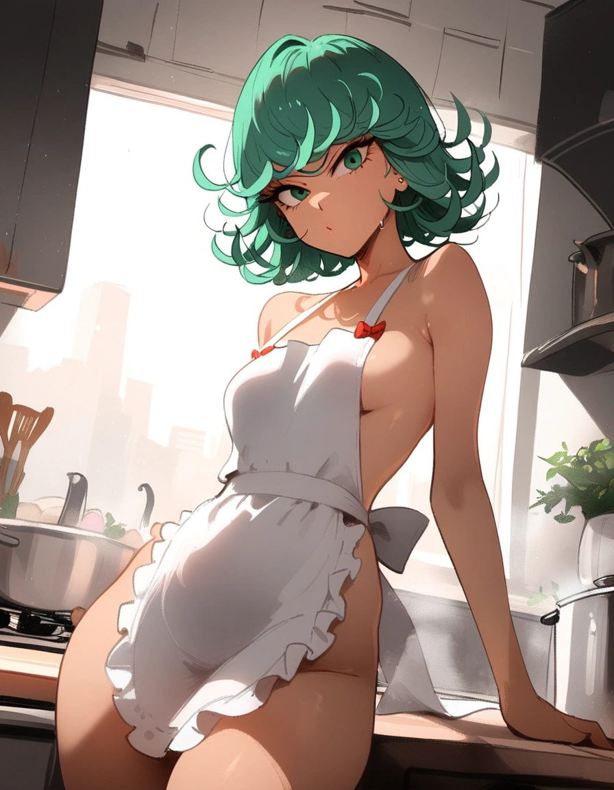 1girl, tatsumaki, one-punch man
\\\\\ masterpiece, best quality, newest ///// nyantcha, khyle, cutesexyrobutts \\\\\ thin waist, solo, sky, clouds, cropped legs, angry, day, looking at viewer, dutch angle, naked apron, kitchen, sit on kitchen table