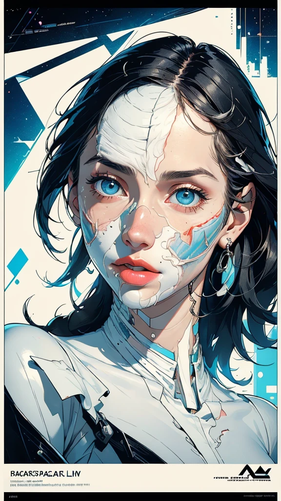 (((masterpiece, highest quality))),(((solo:1.2))),(((1girl:1.2))),32k wallpaper, very detailed, poster, vintage science fiction,(((((geometric cinematic movie poster))))), (bauhaus),(((abstract))),(((mid century modern))),(((((portfolio))))),(((((Close-up))))),(((((bust up))))),((((more various angle)))),(((highlight))),Vast landscape,(((complete. detailed face))),(((Extremely talented))),(((most complecated machine))),Colorful color scheme,(((((Peeling facial skin)))))