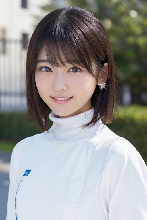 masterpiece, Highest quality, One Woman, (White space suit、turtleneck:1.2), 22 years old、(RAW Photos, Highest quality), (reality, Realistic:1.4), Upper Body、Clean look、Iris、very detailed eyes and face, Beautiful and detailed nose, beautiful eyes, Perfect Anatomy、Black short hair、bangs、Crystal skin, A cool smile、Face Focus、Movie Proof、night、The background is a starry sky