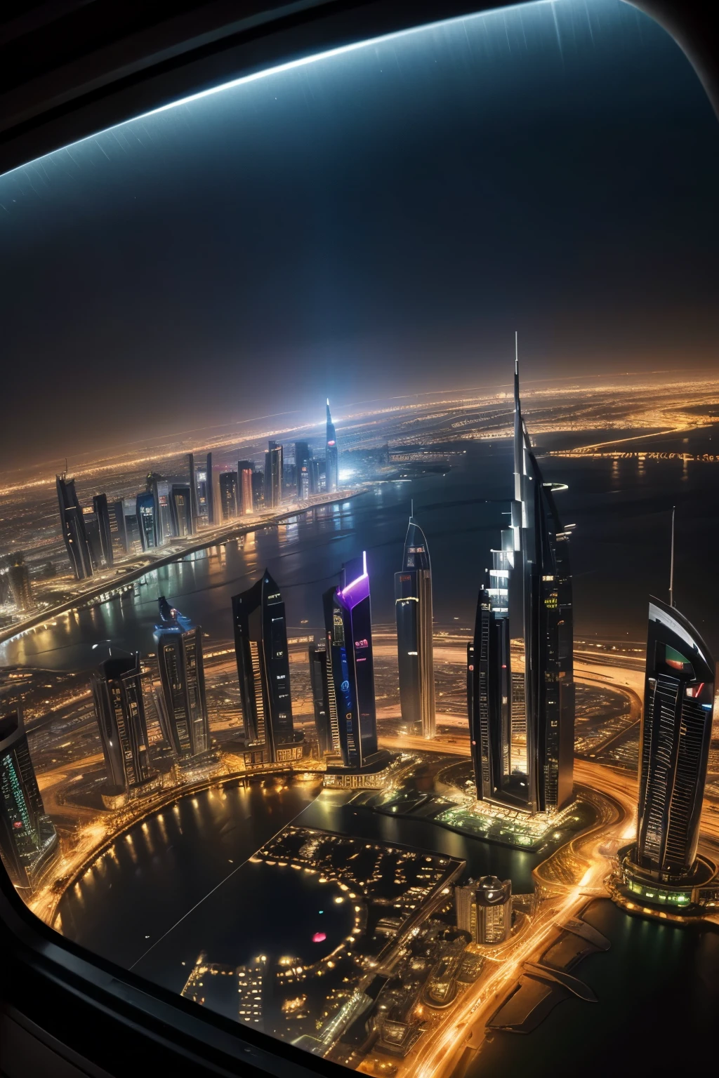 Dubai city seen through the plane window at night