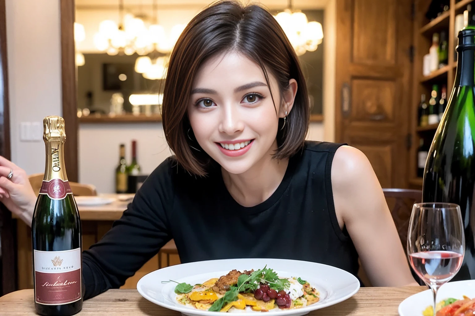 (Realistic:1.1),(masterpiece,Highest quality),8k,(56 years old), 53 years old, ベリーslimボディ、slimカップル、Tight waist,Upper Body,full-course dinner、wine 、Amazing view of the sunset sky and clouds、Perfect Anatomy, Brown Hair, short hair,Random Hairstyles,((Highly detailed face and eyes:1.2)),Perfect golden ratio face,Long sleeve shirt、dress,(smile:1.2)、Shortcuts、cute、(Realistic, Intricate details:1.2), A bright smile、short hair,Bright Face、赤wine 、Appetizers、Italian food、wine bottle、Champagne、スパークリングwine、(slimな顔), (The body is slim), (Brown Hair), (Shortcuts), Upper Body, 白wine, slim, wineグラス,
