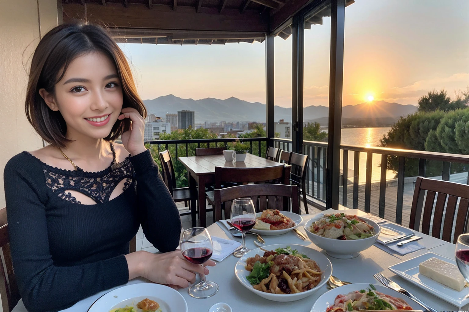 (Realistic:1.1),(masterpiece,Highest quality),8k,(56 years old), 53 years old, ベリーslimボディ、slimカップル、Tight waist,Upper Body,full-course dinner、wine 、Amazing view of the sunset sky and clouds、Perfect Anatomy, Brown Hair, short hair,Random Hairstyles,((Highly detailed face and eyes:1.2)),Perfect golden ratio face,Long sleeve shirt、dress,(smile:1.2)、Shortcuts、cute、(Realistic, Intricate details:1.2), A bright smile、short hair,Bright Face、赤wine 、Appetizers、Italian food、wine bottle、Champagne、スパークリングwine、(slimな顔), (The body is slim), (Brown Hair), (Shortcuts), Upper Body, 白wine, slim, wineグラス,