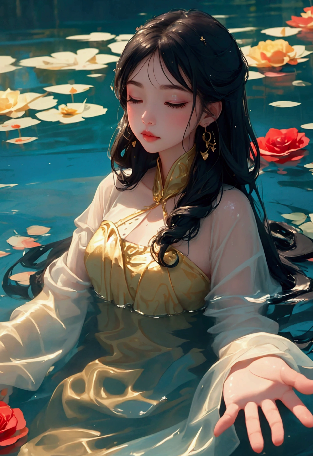 Bird&#39;s-eye view，Woman lying underwater，Black hair，Eyes slightly closed，Long eyelashes，Black earrings，Red roses in hand，Golden flowing water ripples，Splashing water and fragmented golden light，Light Effects，Black long hair floating in the water，Long eyelashes look extra soft，The beauty of heartbreak，The golden light in the water creates a romantic and mysterious atmosphere，Background with blue water，illustration，Hand-drawn style，High Definition